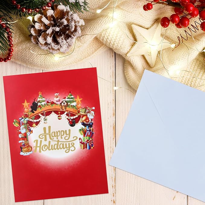 FaCraft Musical Christmas Cards, with Lights and Music, 15.4 x 10.4 inch Handmade 3D Large Pop Up Christmas Card, with Envelope Blank Insert and Seal for Winter Holidays New Year (Dogs Cats Party)