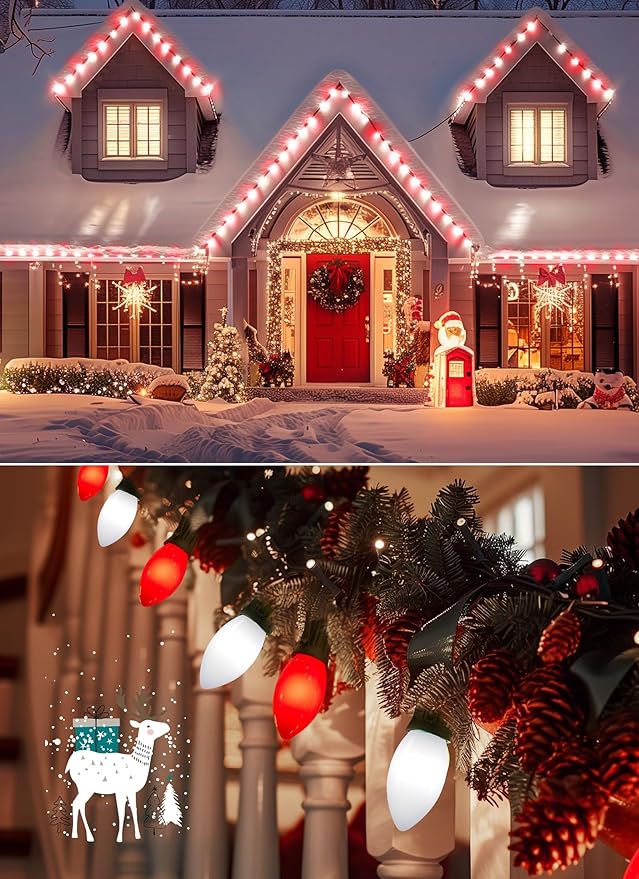 Vintage C9 LED Christmas Lights Outdoor, 100 Feet C9 String Light with 50 Shatterproof C9 Bulbs, Waterproof Connectable Christmas Tree Lights for Outside Roofline Patio Xmas Decor, Red & Pure White