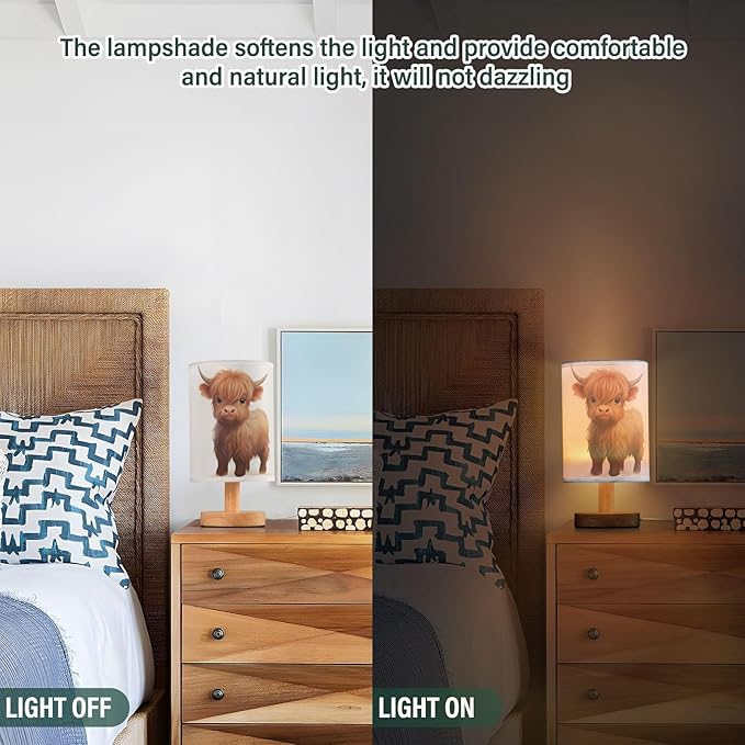 Bedside Table Lamp Cute Highland Cow Animal Nightstand Lamp with Wood Desk Lamps for Bedroom Living Room Nursery Office Home Decor