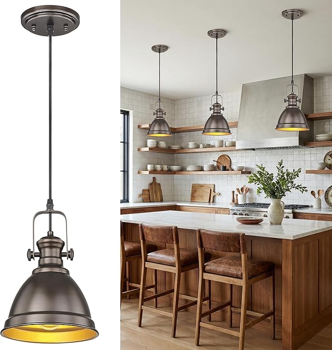Pendant Lights Kitchen Island, 8" Farmhouse Hanging Lights Fixtures with Metal Shade, Rustic Kitchen Pendant Lighting Over Island for Dining Room, Oil Rubbed Bronze, AD-2151-1PM-ORB