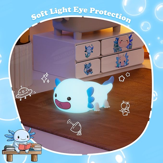 Axolotl Night Light, LED Cute Silicone Nursery Nightlight for Kids, Dimmable Squishy Night Light Rechargeable Touch Bedside Lamp with 20 Minutes Timer, Axolotl Gift, Funny Decor, Blue