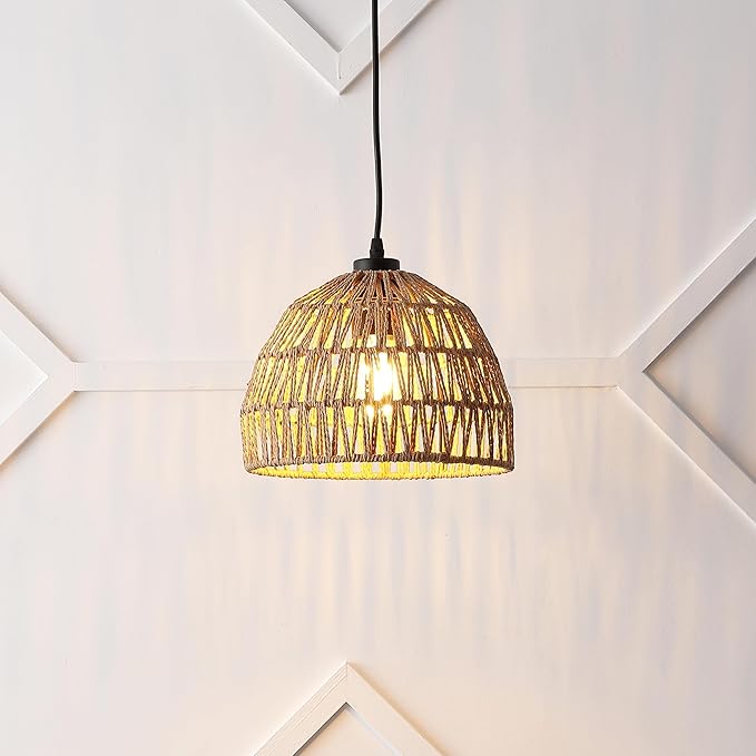 JONATHAN Y 10.25" Brown Modern Bohemian Woven Rope LED Pendant Light Fixture, Adjustable Dome Ceiling Lamp for Kitchen Island, Rope Shade, Coastal Farmhouse Decor (JYL6513E)