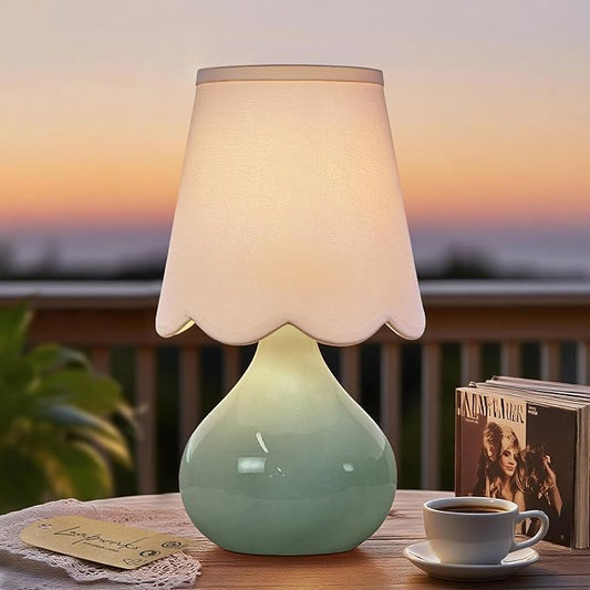 14''H Cordless LED Ambient Table Lamp, Rechargeable Ceramic Bedside Lamp with 3-Level Dimmable Soft Lighting, Linen Shade, Cozy Room Decor for Teens (Green)