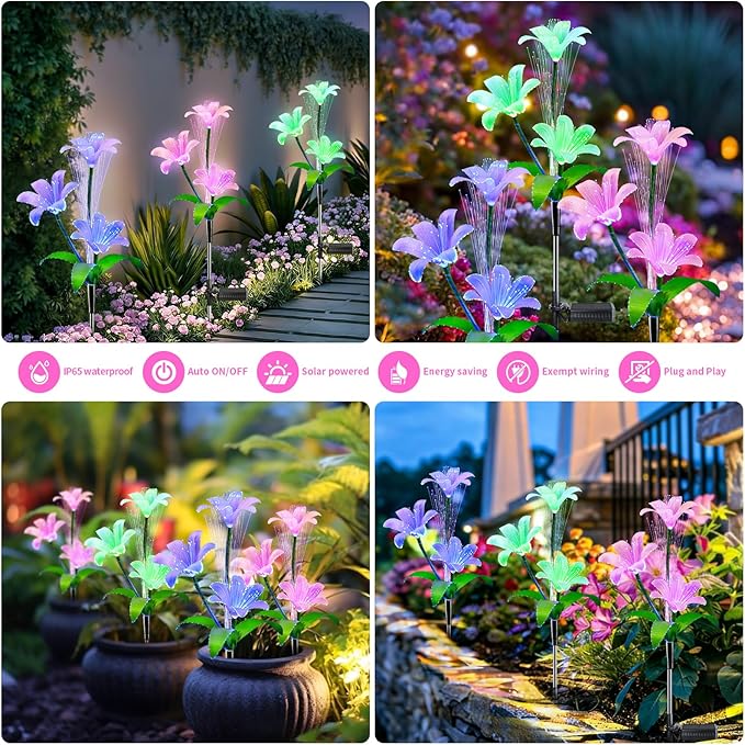 Solar Garden Lights Waterproof 3 Pack Solar Lights Outdoor Decorative 7 Color Changing Double Jellyfish and Lily Flower Garden Decor Yard Christmas Pool Outdoor, Mother's Women