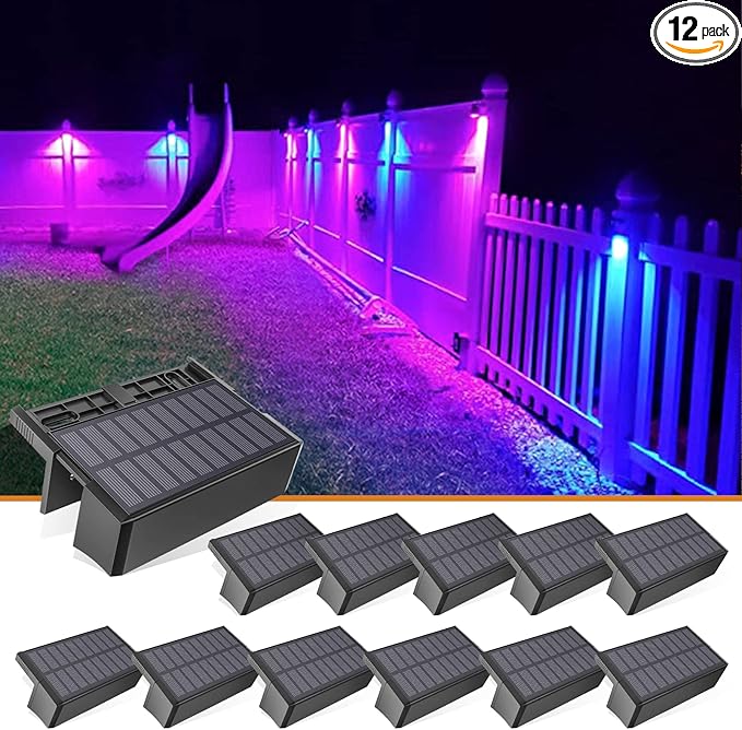 VOLISUN 12-Pack 1800mAh Outdoor Solar Fence Lights - Waterproof LED Color Glow for Step, Railing, Wall, Stairs