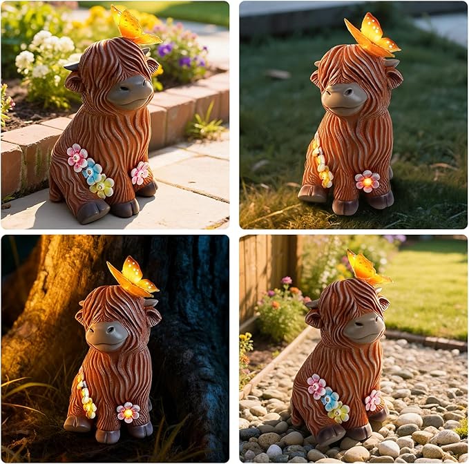 Highland Cow Garden Statue with Butterfly - Outdoor Decor for Yard, Patio & Lawn - Cute Cattle Figurine, Whimsical Backyard Ornament & Art, Unique Gifts for Grandma, Mom & Cow Lovers