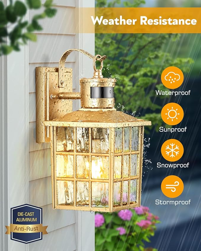 VIANIS Gold Motion Sensor Outdoor Lights for House, Modern Exterior Lighting Fixtures Wall Mount, 100% Aluminum Waterproof Outdoor Wall Sconce with Water Ripple Glass, Dusk to Dawn Front Porch Light