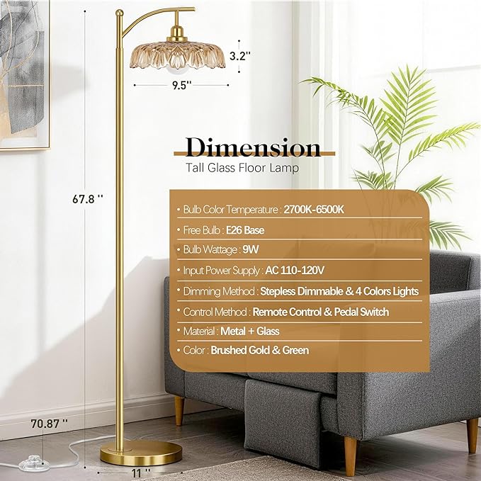 Gold Floor Lamp for Living Room, Dimmable Mid Century Modern Standing Lamp with Remote Control and Amber Glass Shade, 68" Tall Lamp for Bedroom, Vintage Retro Antique Glass Flower Lamp, Brushed Gold