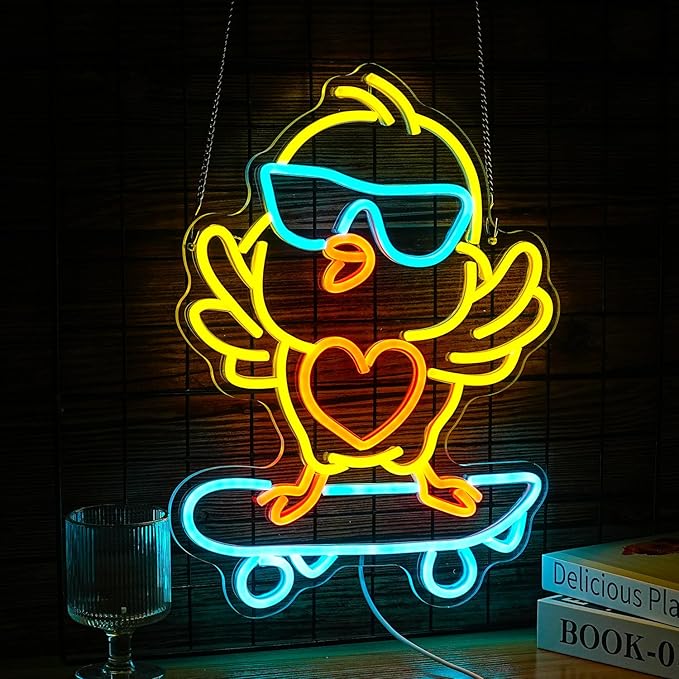 Skateboard Chick Neon Sign Dancing Chicken LED Neon Light for Wall Decor Dimmable USB Light Up Chick Sign for Bedroom Kids Room Birthday Gifts for Boy Girl (16.5”*12.6”)