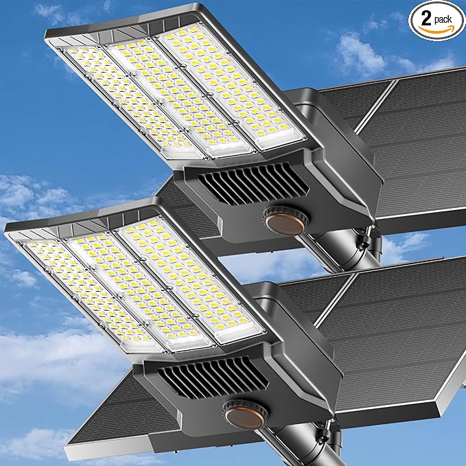 12000W Solar Street Light with Dual Solar Panels, Commercial Grade Parking Lot Lights with Large LEDs, Flood Lights Outdoor wth Motion Sensor and Remote Control for Yard, Street 2 Pack