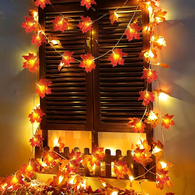 TURNMEON 2 Pack Fall Decor Enlarged Maples Leafed Lights Total 20Ft 40LED Fall Decorations for Home, Battery Operated Autumn Garland Waterproof Indoor Outdoor Holiday Halloween Thanksgiving Decoration
