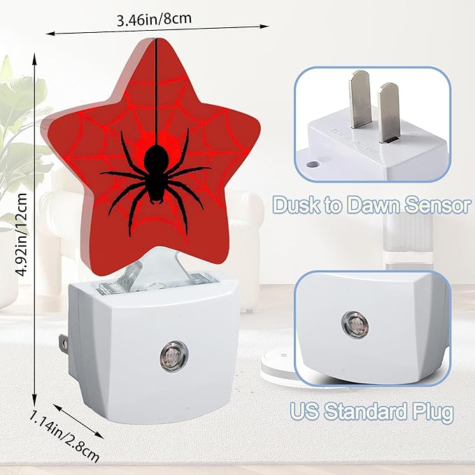 Halloween Spider Night Lights Plug Into Wall,Red Spider Web Star Night Light for Kids,Nightlight with Dusk to Dawn Smart Sensor for Bedroom Bathroom Decor,Children Women Men Gift