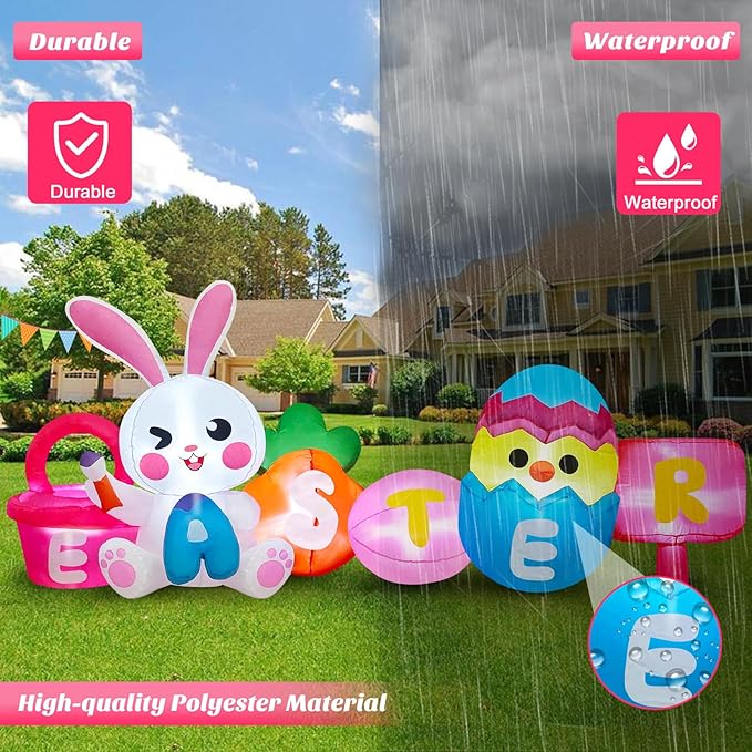 MICOCAH 8 FT Long Easter Inflatables Outdoor Decorations, Inflatable Painting Bunny with Colorful Eggs/Chick/Carrot Build-in LEDs Lights Blow Up Yard Decoration for Decor Holiday Party Lawn, Garden