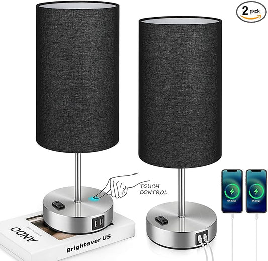Black Touch Control Table Lamp Set of 2, with 2 USB Charging Ports&AC Outlet, 3-Way Dimmable Bedside Nightstand Lamps with Fabric Lampshade for Reading, Bedroom, Living Room, A19 LED Bulbs Included