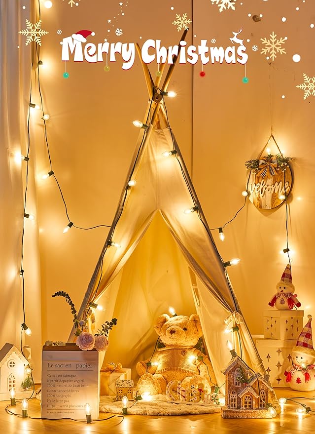 Vintage C9 LED Christmas Lights Outdoor, 50 Feet C9 String Lights with 25 Shatterproof C9 Bulbs, Waterproof Connectable Christmas Tree Lights for Outside Roofline Patio Xmas Decorations, Warm White