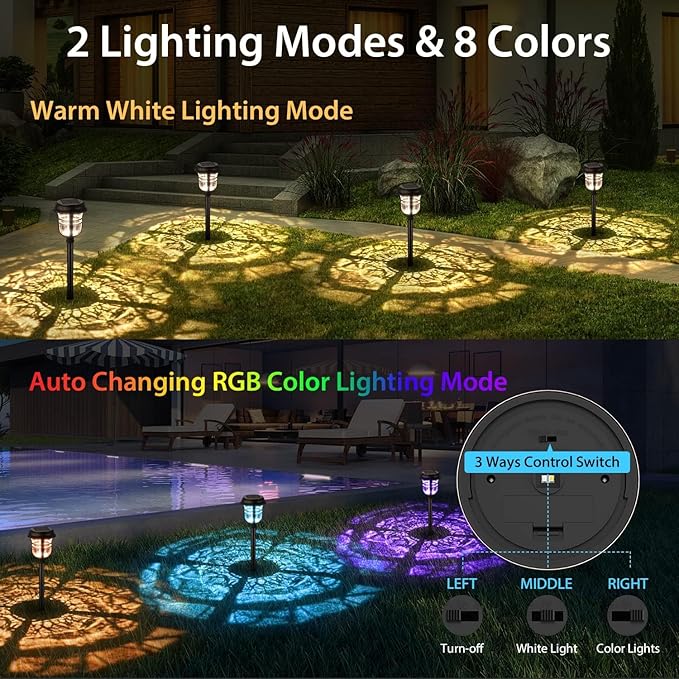 XMCOSY+ Solar Pathway Lights Outdoor, 2 Lighting Modes Warm White & RGB Auto Color Changing LED Solar Powered Garden Lights IP65 Waterproof for Yard Walkway Driveway Landscape Decorative Lawn (6 Pack)
