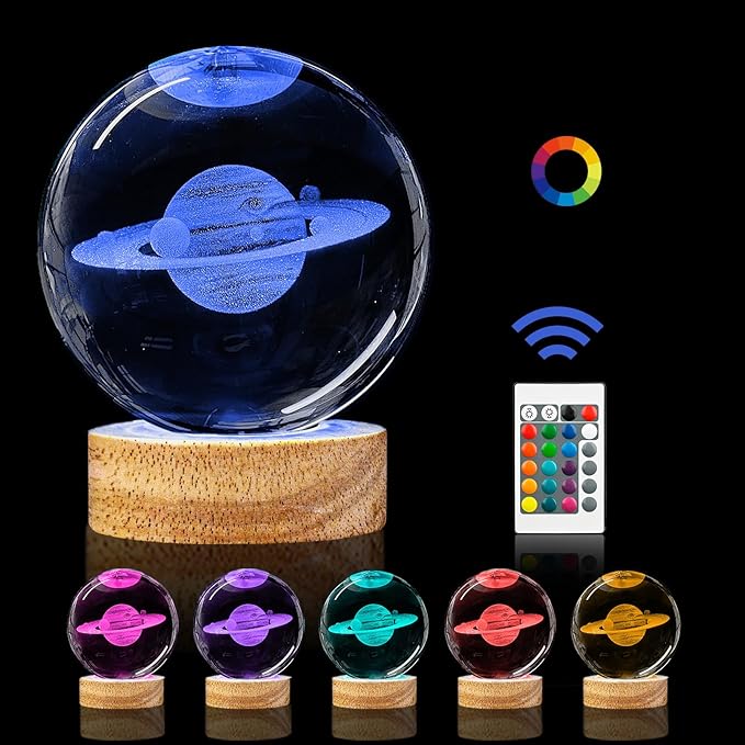 3D Saturn Crystal Ball Night Light, 3.15in K9 Saturn Sphere Glass Ball Lamp with 16 Colors Change, Wooden Base and Remote Control Planet Gifts for Kids Friends Teen
