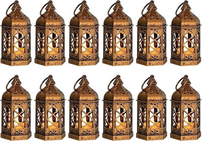 12-Pack Mini Lanterns for Ramadan, Small Decorative Lanterns with Flickering LED Candles for Wedding & Festivals, Hanging Moroccan Lantern for Table Centerpiece, Baby Shower Decor, Bronze