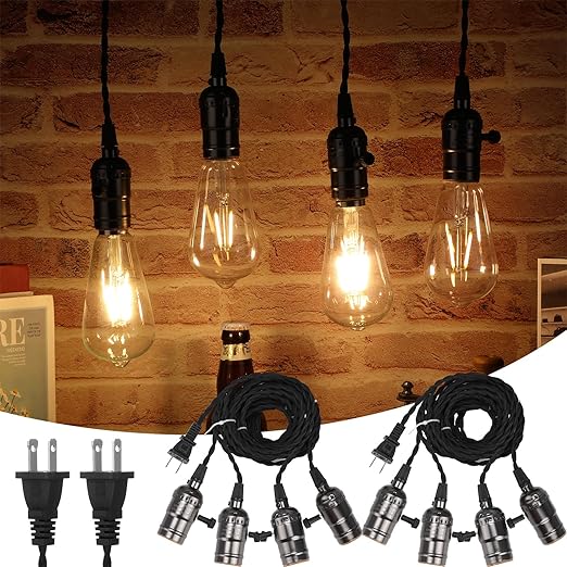 2 Pcs Vintage Pendant Light Sockets Light Cord Kit with Switches DIY Bulb Socket with Cord for E26 E27 Lamp Socket Lantern Bedroom Living Room Decor (1 Plug with 4 Sockets,Black)