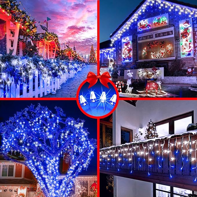 82ft 792 LED 176 Drops Christmas Lights, Outdoor Hanging lights 8 Modes and Timer Memory, Outside Waterproof Curtain String Lights for House Fence Tree Holiday Party Decorations (Blue & White)