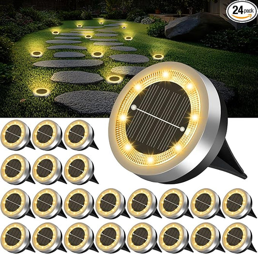 Mini Solar Ground Lights Outdoor 24 Pack Waterproof Upgraded Anti-Rust Solar Flat Garden Lights Stainless Steel Solor Powered Disc Landscape Light for Pathway Walkway Yard Lawn Patio-Warm White