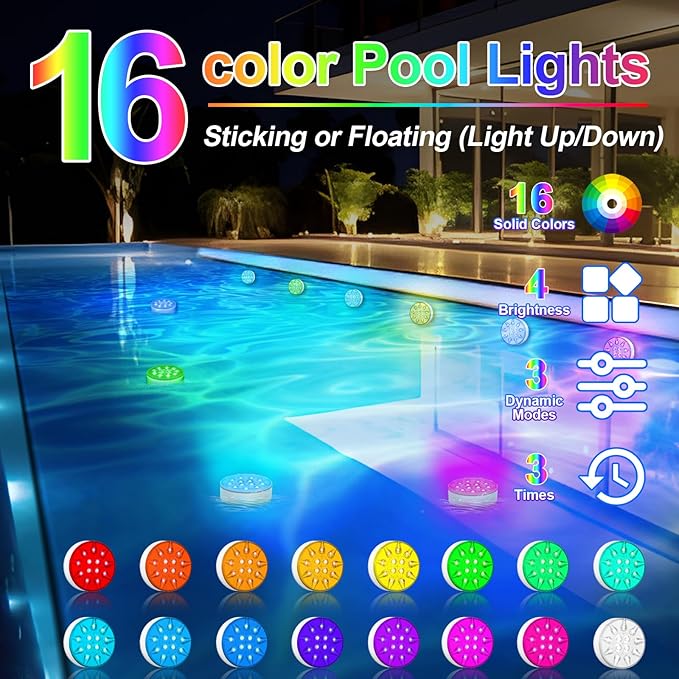 Pool Lights for Above Ground Inground Pool, Underwater Rechargeable Submersible LED Lights with Remote, IP68 Waterproof, Pool Light for Hot Tub, Shower, Vase, Fountain, Aquarium, Bath, Party, 2 Pack