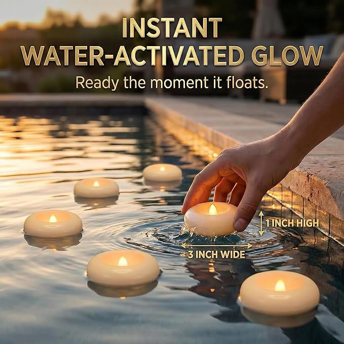 Aignis 6 Flameless LED Floating Candles, 3-Inch Plastic Battery Operated Tealights, Glow Time Over 200 Hours, Cozy Romantic White Light, Suitable for Pool/Bathtub/Hot Bath/Wedding Centerpiece Decor
