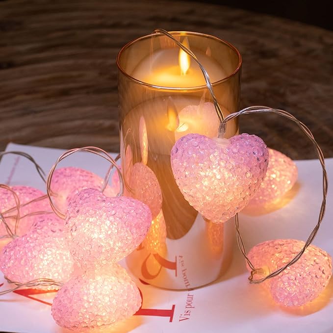 YOLIGHT Pink Heart String Lights, 6.5ft 10 LED Valentines Lights Battery Operated with Timer, Heart Decoration for Home Window Girls Room Wedding Party Mother's Day(Warm White)