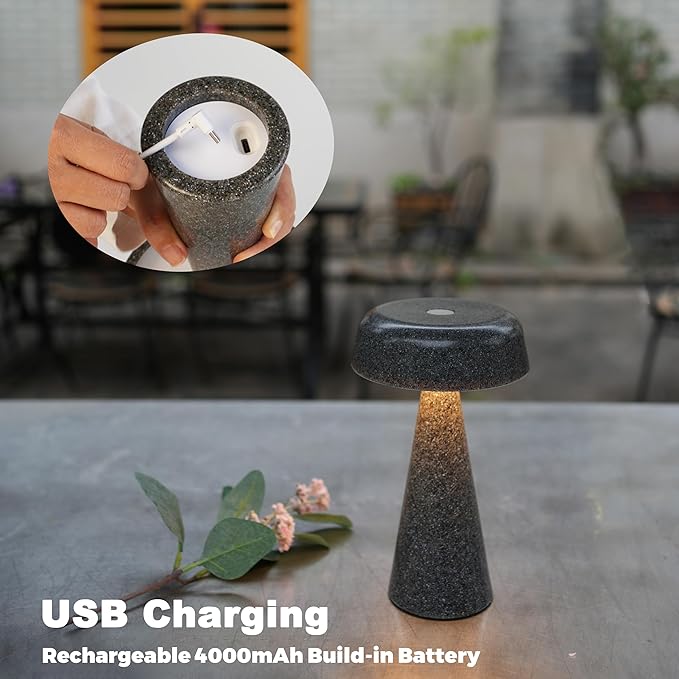 Cordless Mushroom Lamp Rechargeable, Portable Battery Operated Table Lamp Waterproof, Touch Dimmable Night Light for Bedroom/Patio/Dinning/Outdoor (Gypsophila Black)