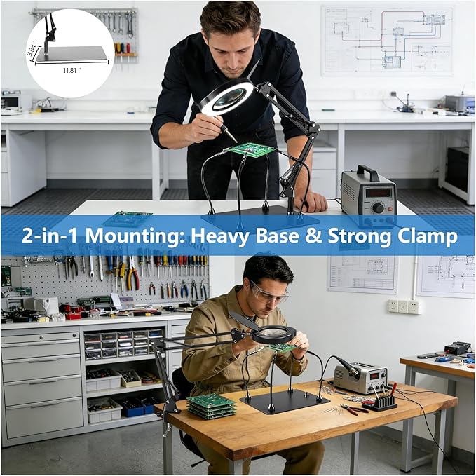 Helping Hands Soldering Station with Light and Stand, 4.3" 10X Soldering Magnifying Glass with 4 Flexible Helping Arms, 5 Color Mode, 10 Dimmable Levels for Electronics Repair, Jewelry, Hobby