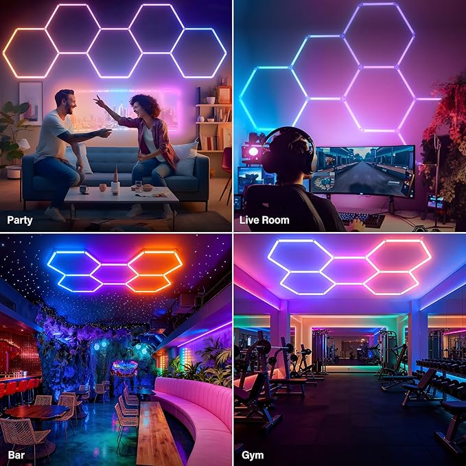 ALLYES Hexagon RGB LED Lights - Color Changing Wall/Ceiling Lights with Music Sync Dimmable & Speed Adjustable Modes, App & Remote Control, Multi-Scene Decor for Gaming Room, Bar, Party, Gym, Garage