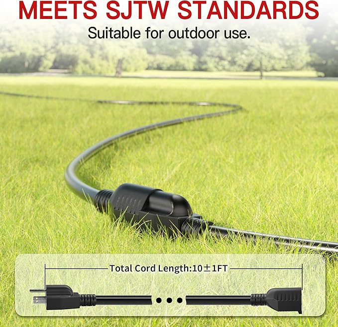 16/3 10 FT Outdoor Extension Cord Waterproof, Weatherproof & Flame Retardant Black 3 Prong Power Cord Outside for Lawn & Garden, 13 Amps 1625 Watts 125 VAC 16AWG SJTW, ETL Listed