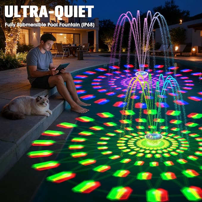 8000mAh Rechargeable Pool Fountain with Lights,2026 Floating Pool Fountain for Above Ground Pool Water Fountain Pump with Anchor,Upgraded Swimming Pool Fountain Floating Pump for Pool Pond-Light Blue