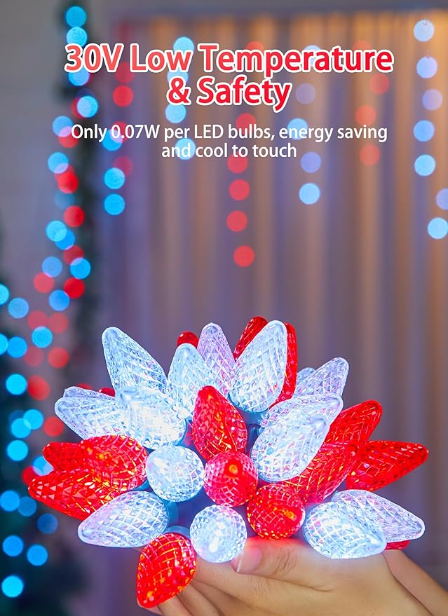 C9 LED Christmas Lights Outdoor, 81 Feet 100 LED String With Timer & 8 Light Mode, Waterproof Commercial Grade Christmas Tree for Outside Indoor Roofline Patio, Red & Pure White 2 Pack
