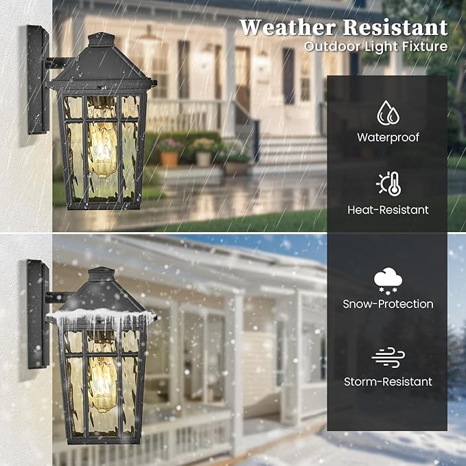 Outdoor Wall Sconce Waterproof Aluminum Porch Lights Outdoor with Water Ripple Glass 14 Inch Large Outdoor Light Fixtures Wall Mount for Patio Yard Doorway Garage