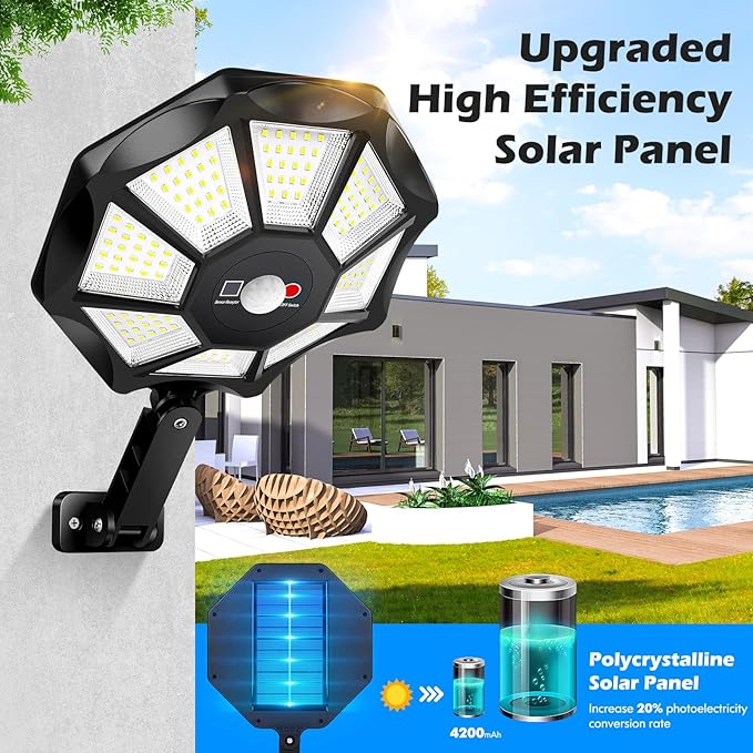 Solar Lights Outdoor Waterproof, 6500K 168 LED Flood Lights Outdoor Motion Sensor, Dusk to Dawn Solar Outdoor Lighting, Solar Powered Street Light with Remote for Outside Parking Lot Pool Yard, 2-Pack