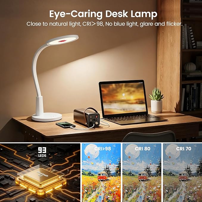 Glendan Desk Lamp for Home Office: Eye-Caring LED Red Light Desk Lamp, 10 Brightness & Flexible Gooseneck, Dimmable Desk Light with Memory & Timer, Table Lamp for Study, Bedroom