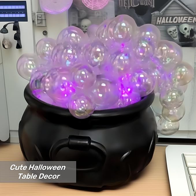 Halloween Cauldron Decor Indoor - Witches Bubbling Cauldron Kit w/ 30 LED Purple Lights, 40 Orbs & Cotton - Vintage Hocus Pocus Theme, Wireless Remote, 8 Light Modes