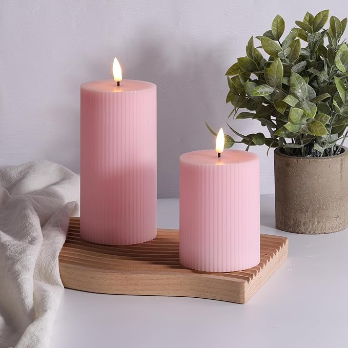 Pink Ribbed Flameless Pillar Candles with Remote, Flickering LED Wax Candles Battery Operated Set of 2
