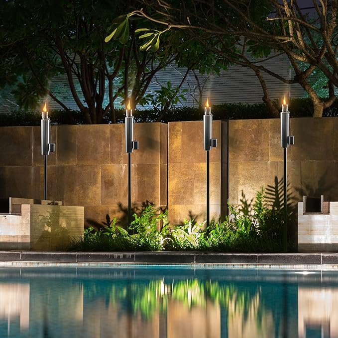 Matney Stainless Steel Outdoor Torches - Decorative Garden & Yard Lights - 5 ft Oil Lamp for Citronella - Fiberglass Wick & Snuffer Cap - Set of 4 (Barrel)
