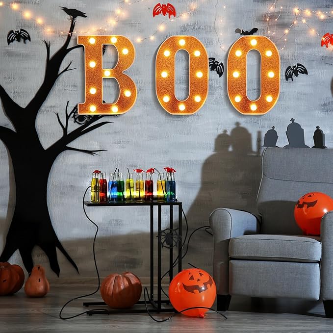 Baquler 3 Pcs Halloween Boo Decorations Light up Boo Sign Marquee LED Letters Lights Decor for Halloween Outdoor Home Room Kitchen Fireplace Tabletop Party Supplies(Orange)