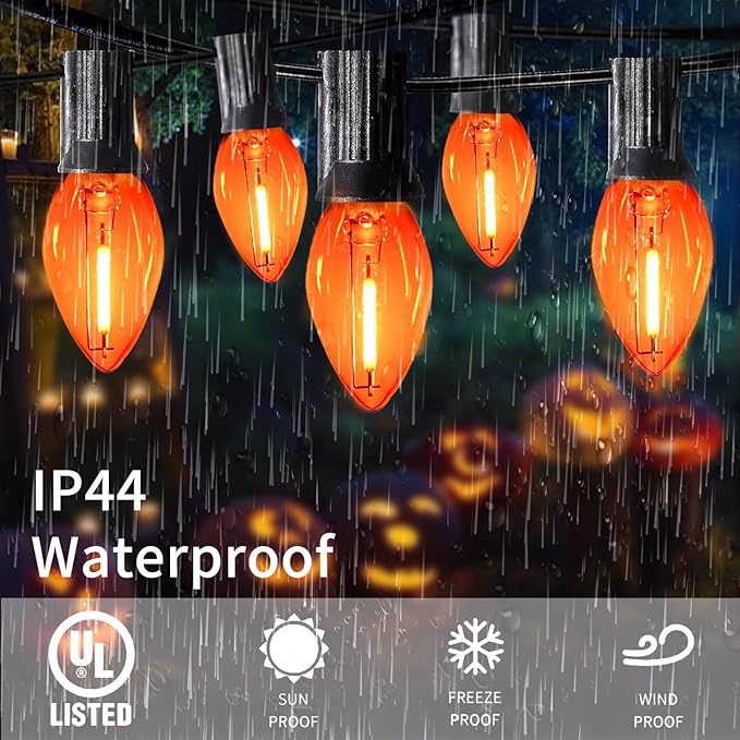 C7 Orange Halloween Lights 10FT, LED Outdoor String Lights with Black Wire for Patio, Christmas Tree, Window, Door, Party, Porch Décor