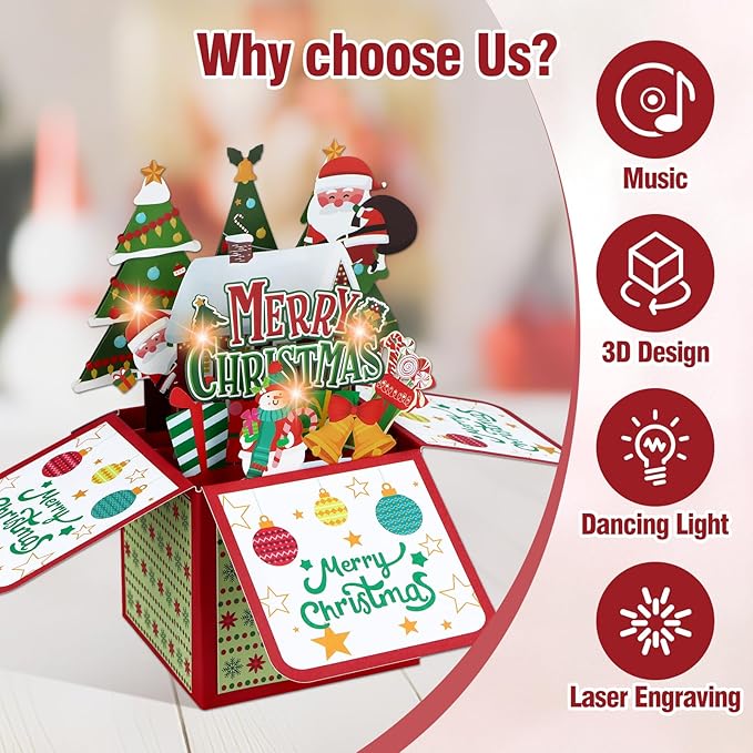 FaCraft Musical Christmas Cards, with Lights and Music, Handmade 3D Light Up Merry Christmas Card Gift, with Envelope, Blank Insert and Seal, for Winter, Holidays, New Year (Santa)