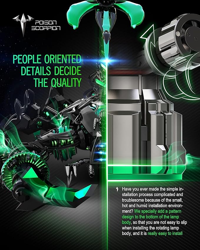 POISON SCORPION 90-12 Fog Light Bulbs, 600% Brighter 6500K Cool White, 1:1 Mini Size With Cooling Fan, Plug-N-Play Easy To Install, Pack of 4