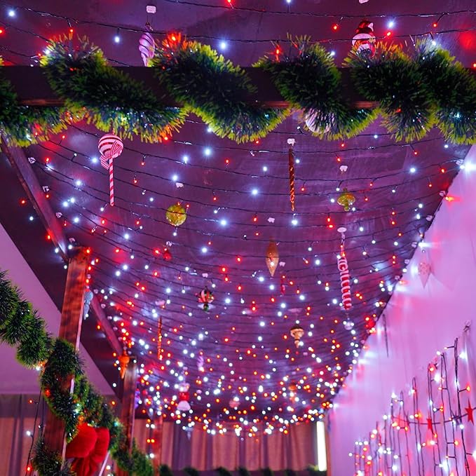 YEGUO 165ft 500 LED Christmas Lights Indoor, Red and White String Light Outdoor Waterproof, 8 Modes Green Wire Plug in with Timer Memory