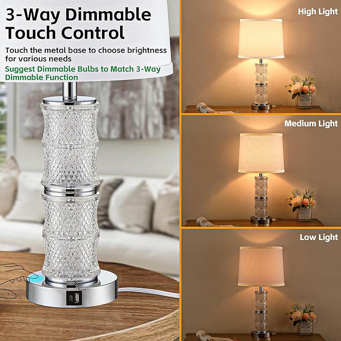 GRUENLICH Crystal Table Lamp Set of 2, 3-Way Dimmable Nightstand Lamp with Touch Control, USB C+A Charging Ports for Living Room Bedroom End Tables Office and Entryway （Silver）