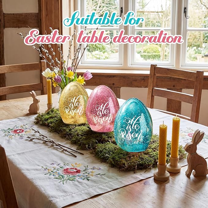 3 Pack Easter Egg Light Decorations, He is Risen Table Centerpiece Lights with Timer Mercury Glass Egg Lamps, Spring Easter Decorations Indoor, 6 Inch Lighted Eggs for Home Decor Battery Operated