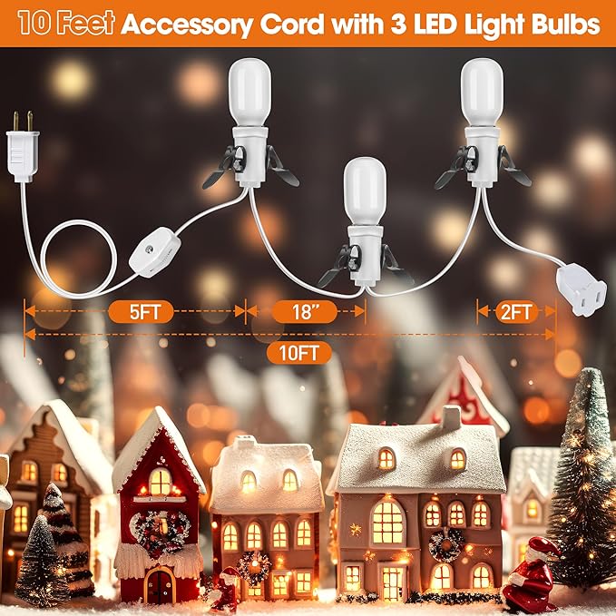 Leelosp 1 Pc Christmas Village Lights, 3 Base C7 String Bulbs Christmas Village Light Cord with ON/Off Switch Spare Fuse, 9.8ft Blow Mold Light Kit for Xmas Mini House, Ceramic Crafts Decor