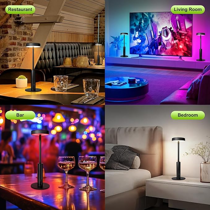 Small Cordless Table Lamps Rechargeable,5000mAh Battery Operated Portable Desk Lamp,3 Colors & RGB Stepless Dimmable Wireless Touch Lamps for Restaurant Home Dinner Dining Patio(Black)