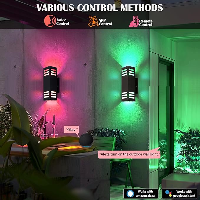 RGB Smart Outdoor Wall Lights, 2 Pack Front Porch Light Fixtures, Square Color-Changing Wall Sconce with E26 Base, IP65 Waterproof Up and Down Lights with APP/Voice/Remote Control.